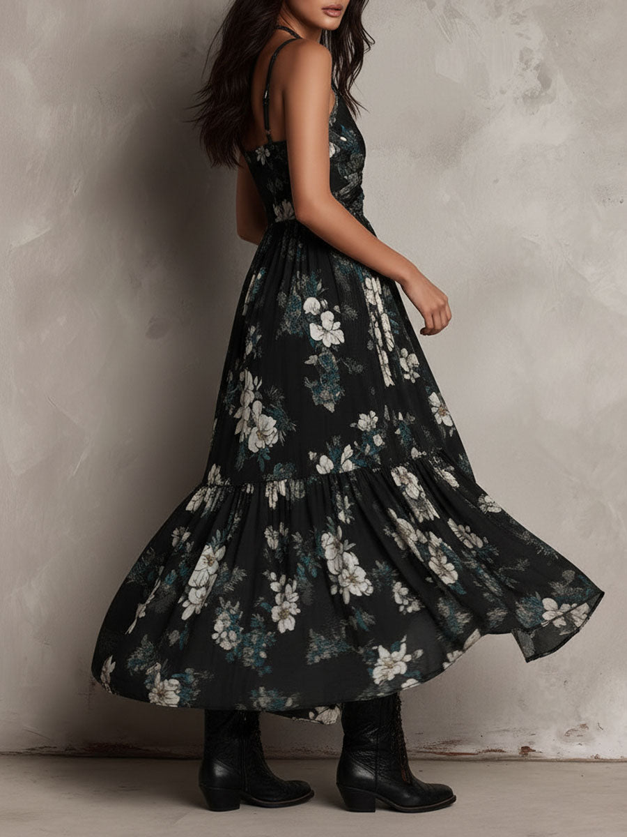 Gabriel Moreno - Vestido Maxi Sin Tirantes Irregular con Estampado Floral Bohemio Negro