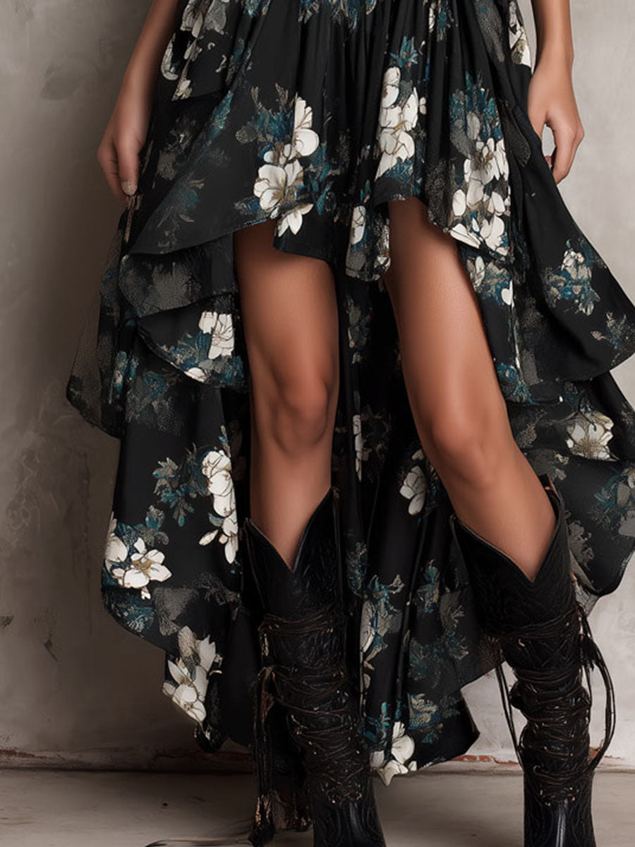 Gabriel Moreno - Vestido Maxi Sin Tirantes Irregular con Estampado Floral Bohemio Negro