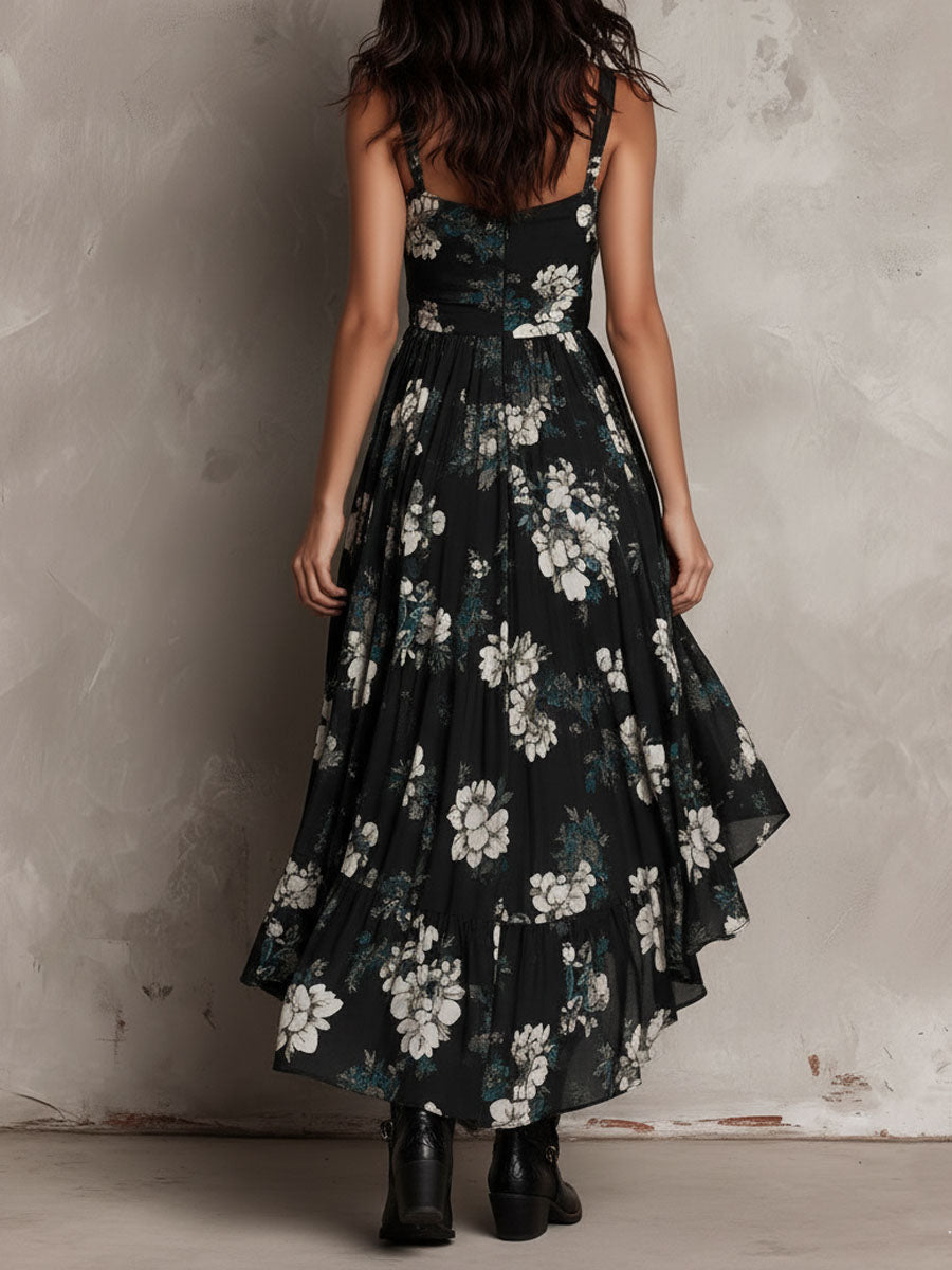 Gabriel Moreno - Vestido Maxi Sin Tirantes Irregular con Estampado Floral Bohemio Negro