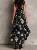 Gabriel Moreno - Vestido Maxi Sin Tirantes Irregular con Estampado Floral Bohemio Negro