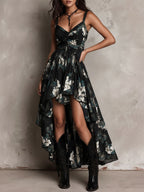 Gabriel Moreno - Vestido Maxi Sin Tirantes Irregular con Estampado Floral Bohemio Negro