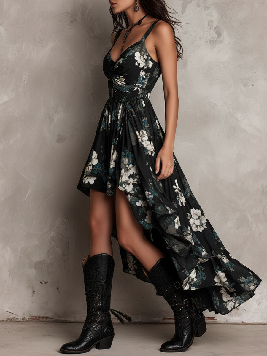 Gabriel Moreno - Vestido Maxi Sin Tirantes Irregular con Estampado Floral Bohemio Negro