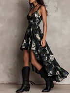 Gabriel Moreno - Vestido Maxi Sin Tirantes Irregular con Estampado Floral Bohemio Negro