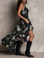 Gabriel Moreno - Vestido Maxi Sin Tirantes Irregular con Estampado Floral Bohemio Negro