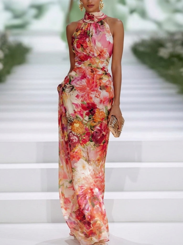Gabriel Moreno - Vestido Maxi Sin Mangas en Chifón Rojo con Escote Halter