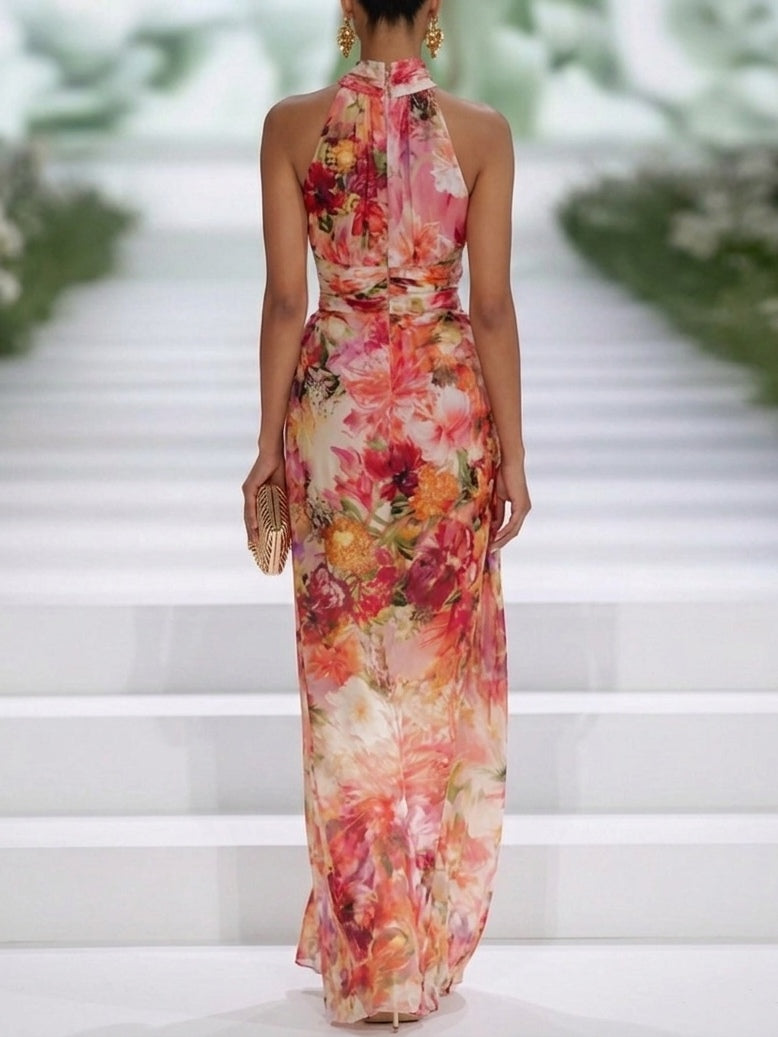 Gabriel Moreno - Vestido Maxi Sin Mangas en Chifón Rojo con Escote Halter