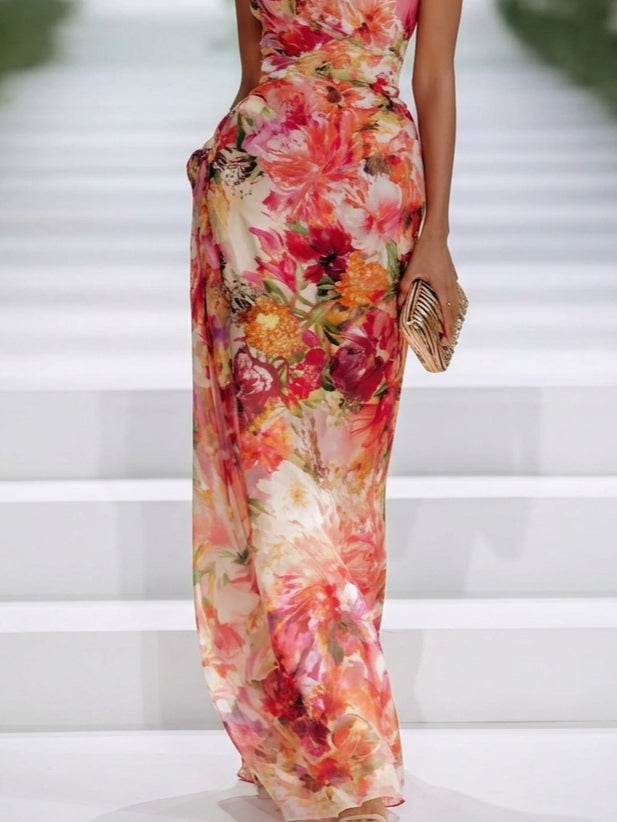 Gabriel Moreno - Vestido Maxi Sin Mangas en Chifón Rojo con Escote Halter