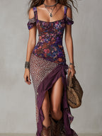 Gabriel Moreno - Vestido Maxi Estilo Urbano Nómada con Estampado Leopardo y Flores Cuello Alto
