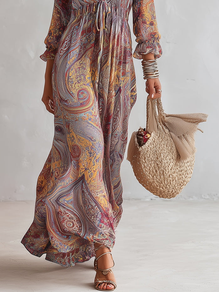 Gabriel Moreno - Vestido Maxi en Chifón con Estampado Paisley y Escote en V
