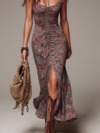 Gabriel Moreno - Vestido Maxi Floral Plisado Gris Púrpura