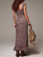 Gabriel Moreno - Vestido Maxi Floral Plisado Gris Púrpura