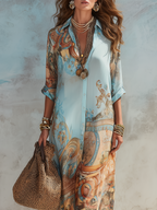 Gabriel Moreno - Vestido Maxi Azul con Estampado Floral