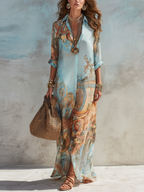 Gabriel Moreno - Vestido Maxi Azul con Estampado Floral