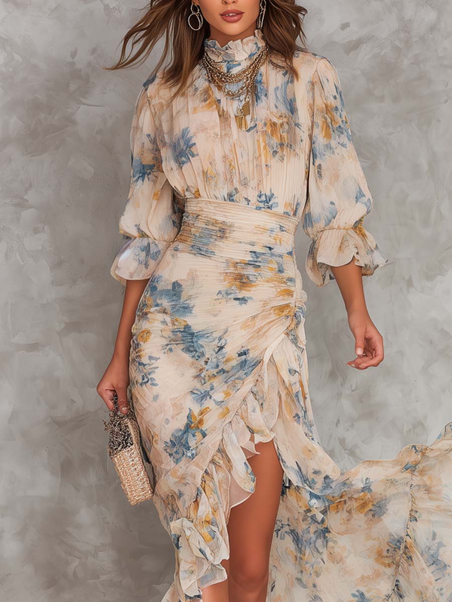 Gabriel Moreno - Vestido Maxi en Chifón Irregular con Estampado Floral y Cuello Alto Beige