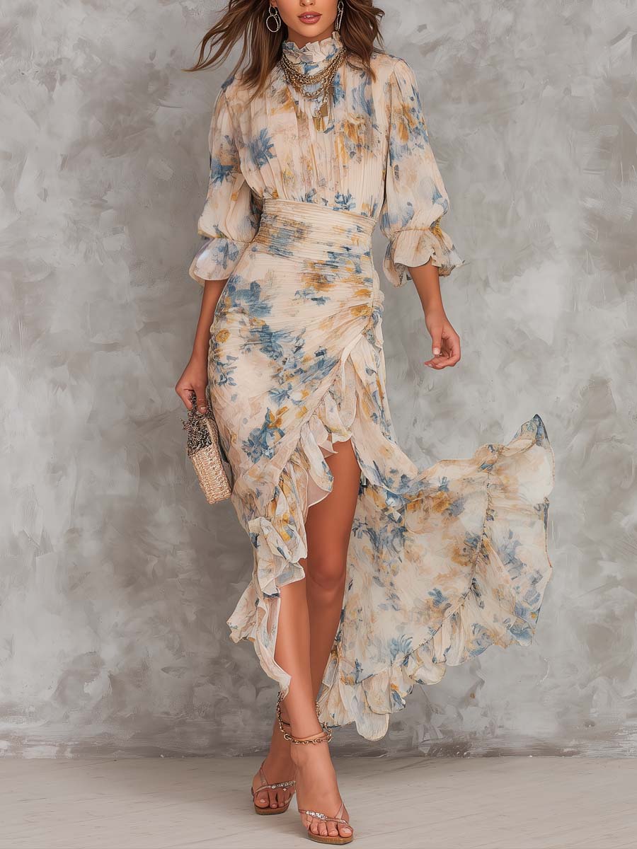 Gabriel Moreno - Vestido Maxi en Chifón Irregular con Estampado Floral y Cuello Alto Beige