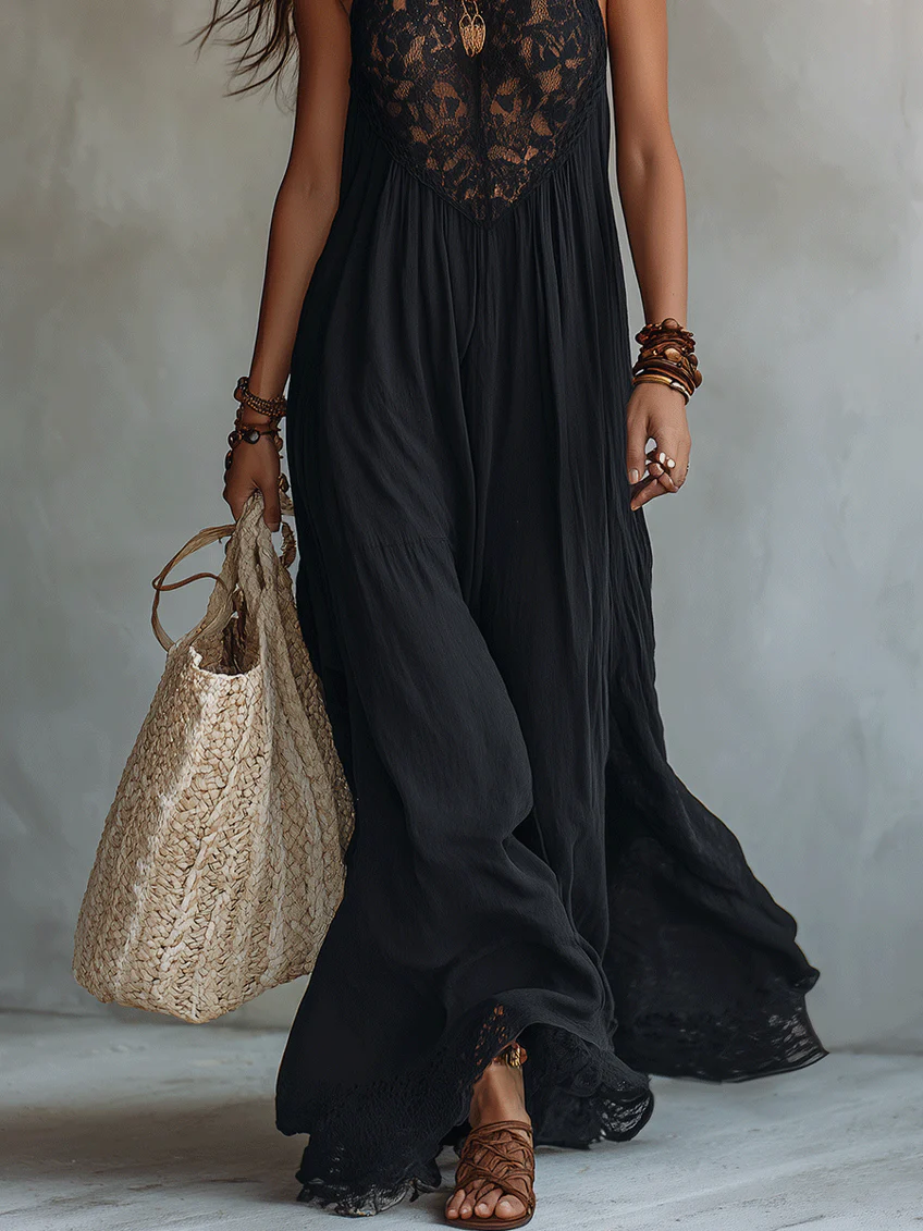 Gabriel Moreno - Vestido Maxi Negro Sin Mangas con Encaje Bohemio