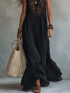Gabriel Moreno - Vestido Maxi Negro Sin Mangas con Encaje Bohemio