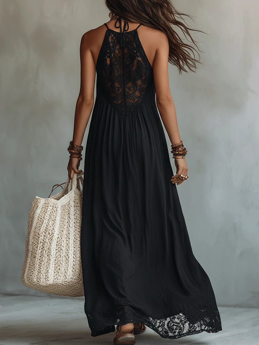 Gabriel Moreno - Vestido Maxi Negro Sin Mangas con Encaje Bohemio