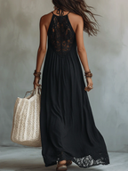 Gabriel Moreno - Vestido Maxi Negro Sin Mangas con Encaje Bohemio