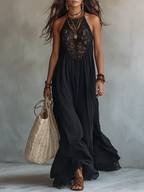 Gabriel Moreno - Vestido Maxi Negro Sin Mangas con Encaje Bohemio