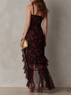 Gabriel Moreno - Vestido Chic Negro y Rojo con Flores y Volantes en el Bajo