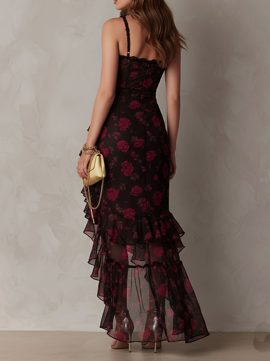 Gabriel Moreno - Vestido Chic Negro y Rojo con Flores y Volantes en el Bajo