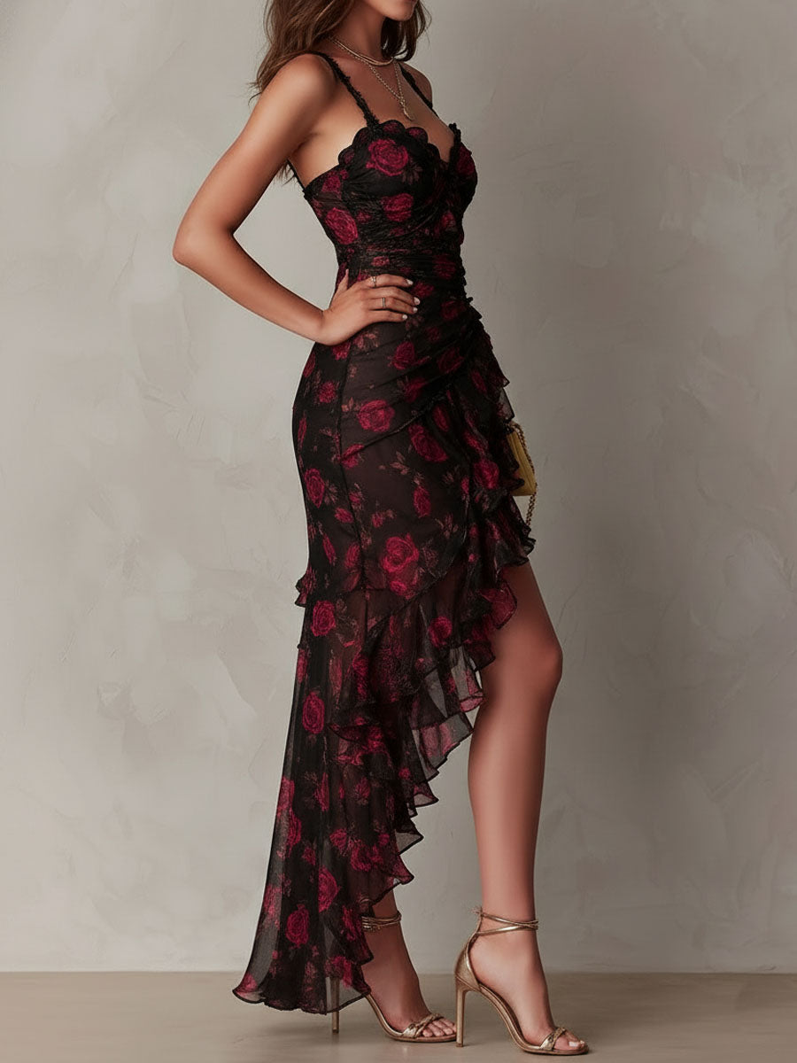 Gabriel Moreno - Vestido Chic Negro y Rojo con Flores y Volantes en el Bajo
