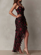 Gabriel Moreno - Vestido Chic Negro y Rojo con Flores y Volantes en el Bajo