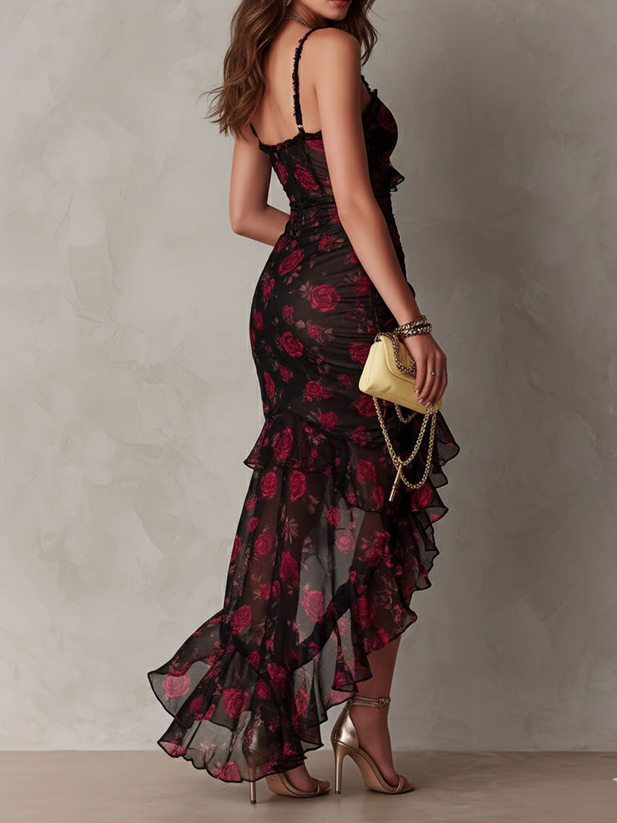 Gabriel Moreno - Vestido Chic Negro y Rojo con Flores y Volantes en el Bajo
