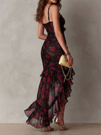 Gabriel Moreno - Vestido Chic Negro y Rojo con Flores y Volantes en el Bajo