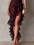 Gabriel Moreno - Vestido Chic Negro y Rojo con Flores y Volantes en el Bajo