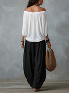 Gabriel Moreno - Conjunto Top Blanco Off-Shoulder y Pantalones Linterna Anchos