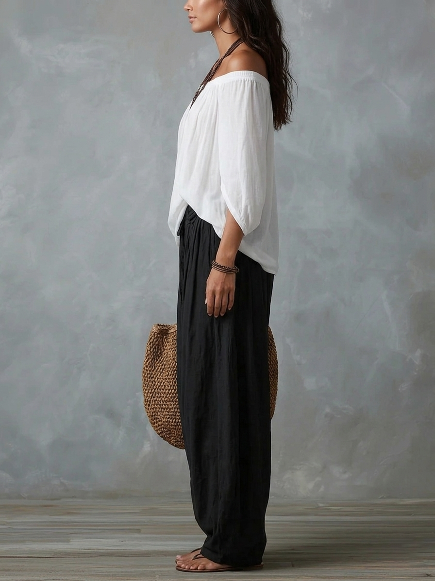 Gabriel Moreno - Conjunto Top Blanco Off-Shoulder y Pantalones Linterna Anchos