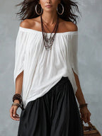 Gabriel Moreno - Conjunto Top Blanco Off-Shoulder y Pantalones Linterna Anchos