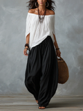 Gabriel Moreno - Conjunto Top Blanco Off-Shoulder y Pantalones Linterna Anchos