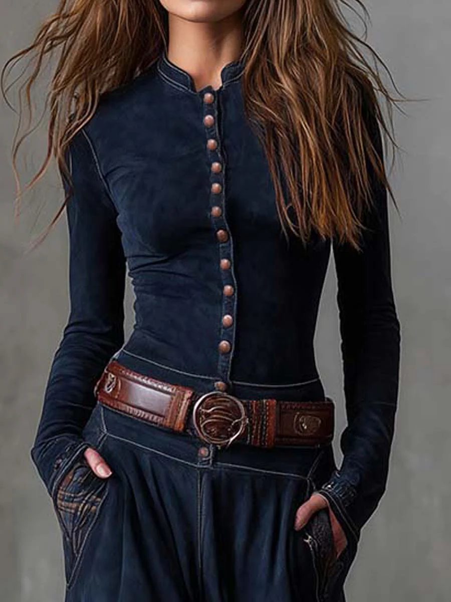 Leonora | Vestido largo vintage de ante a cuadros azul marino (incluye cinturón)