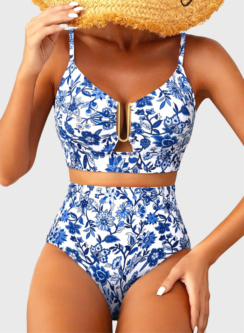 Emoswim - 2026 Summer Two Piece Bikini Set U-Wire Cutout High Waisted Swimsuit-Blue Floral
