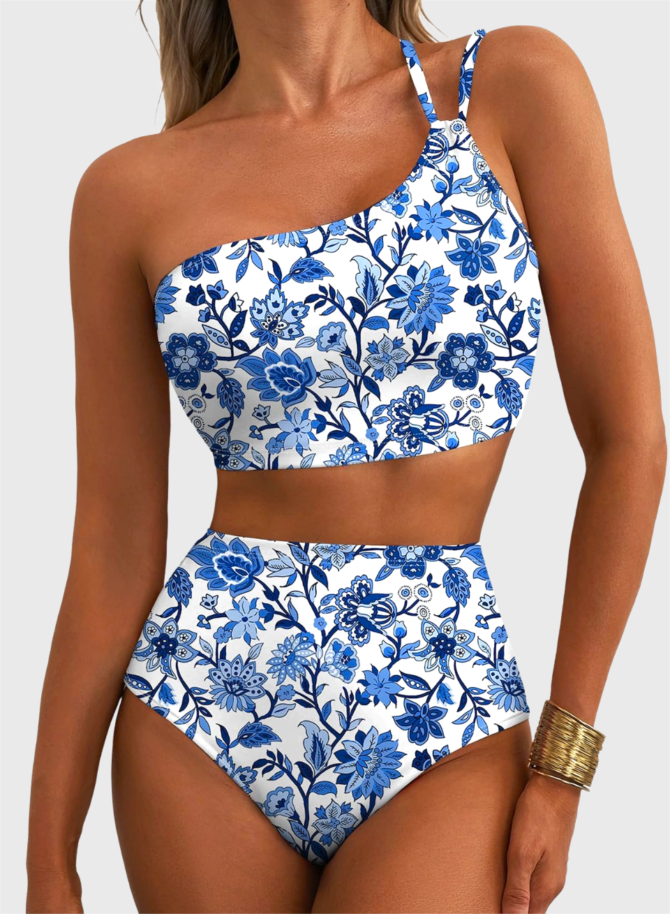 Emoswim - Women's High Waisted Bikini Sets One Shoulder Floral Print Swimsuits 2 piece Tummy Control Bathing Suits