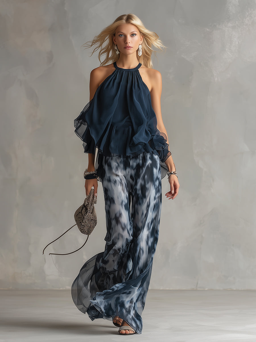 Gabriel Moreno - Ludovica | Conjunto Elegante Azul Marino con Top Halter y Pantalón Ancho Estampado