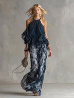 Gabriel Moreno - Ludovica | Conjunto Elegante Azul Marino con Top Halter y Pantalón Ancho Estampado