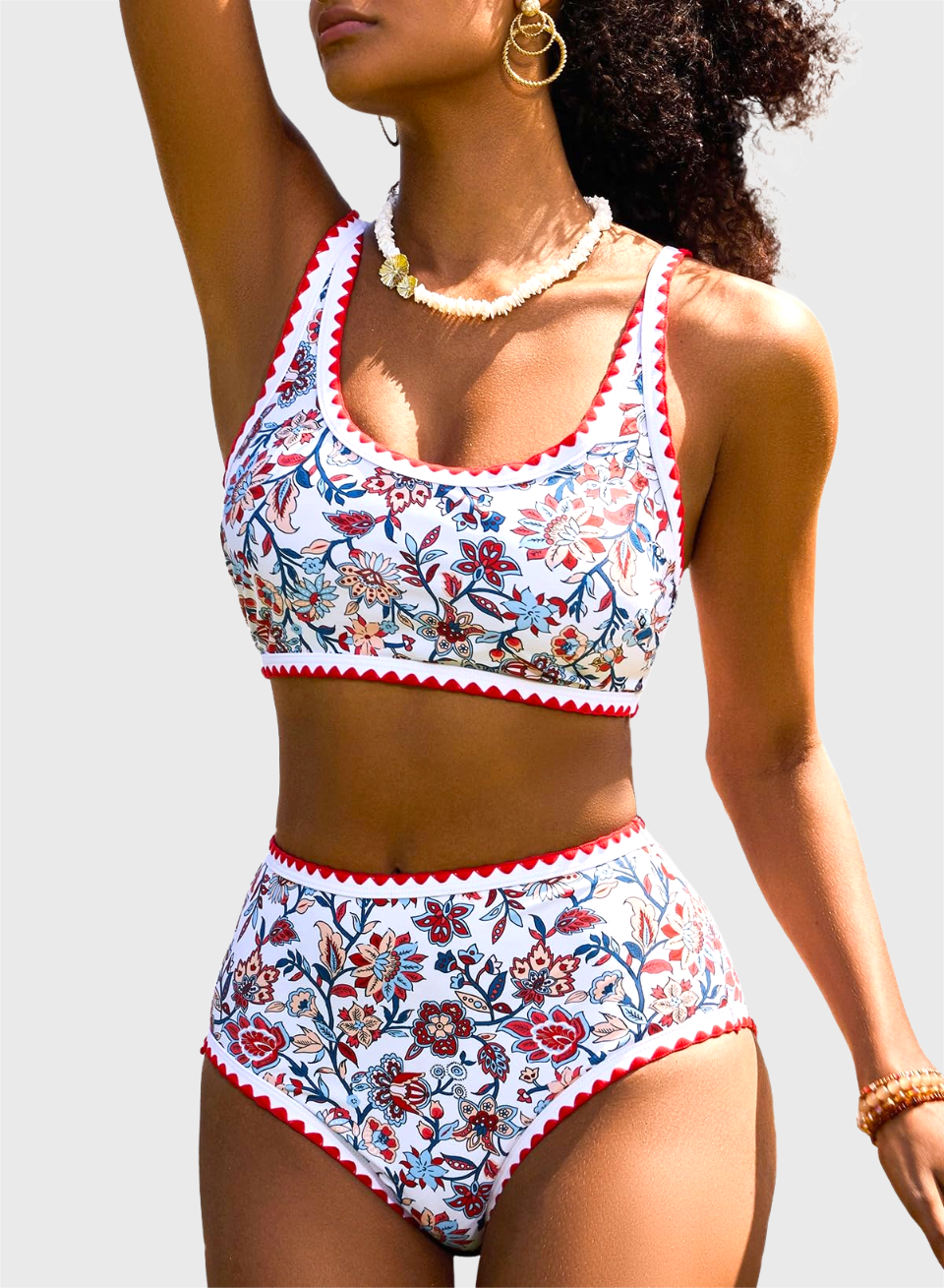 Emoswim - Women's Bikini Sets Floral Print Whip Stitch 2 Piece Swimsuits High Waisted Scoop Bathing Suits