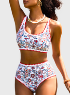 Emoswim - Women's Bikini Sets Floral Print Whip Stitch 2 Piece Swimsuits High Waisted Scoop Bathing Suits