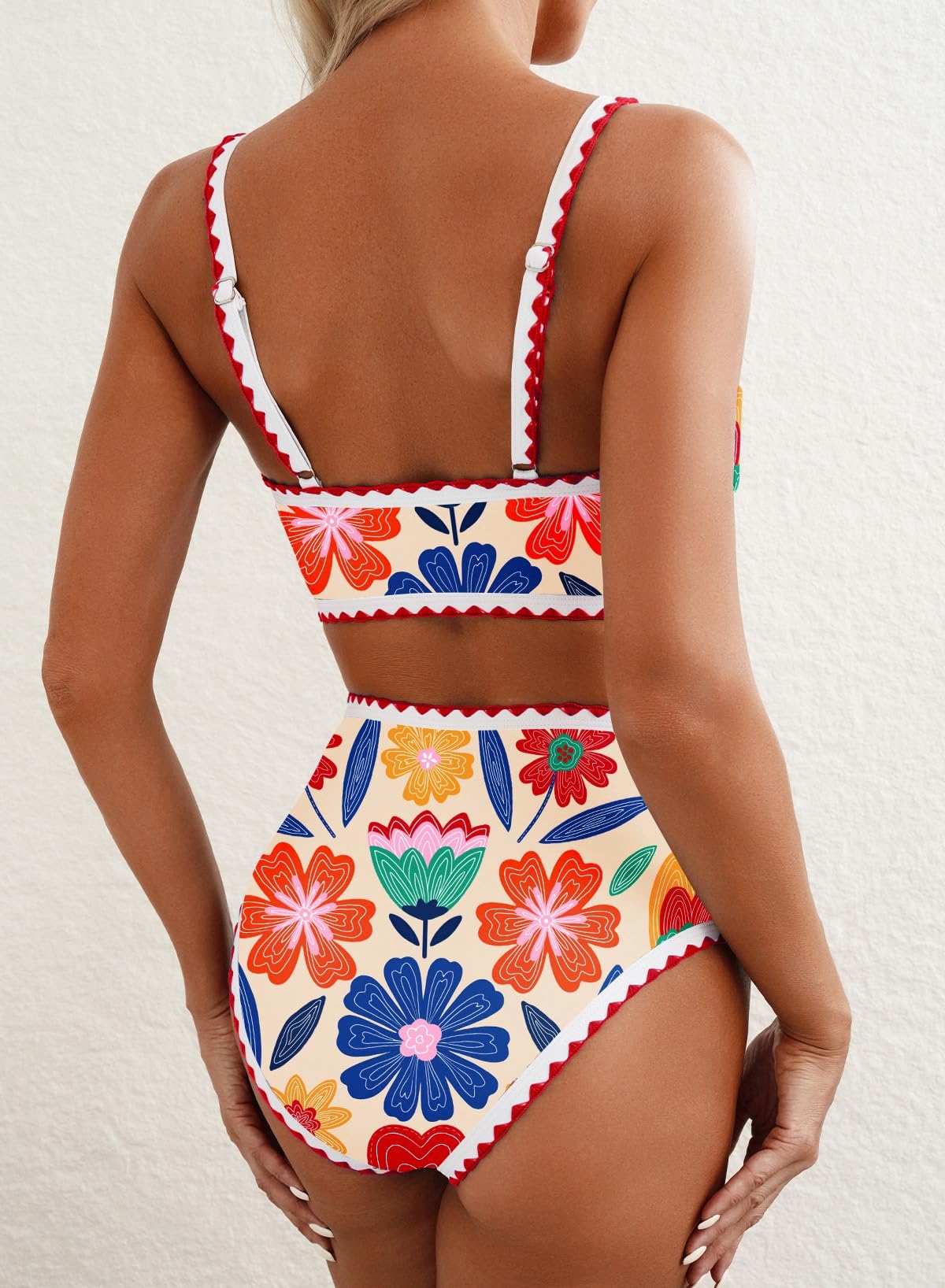 Emoswim - Women's Bikini Sets Floral Print Whip Stitch 2 Piece Swimsuits High Waisted Scoop Bathing Suits