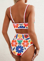 Emoswim - Women's Bikini Sets Floral Print Whip Stitch 2 Piece Swimsuits High Waisted Scoop Bathing Suits