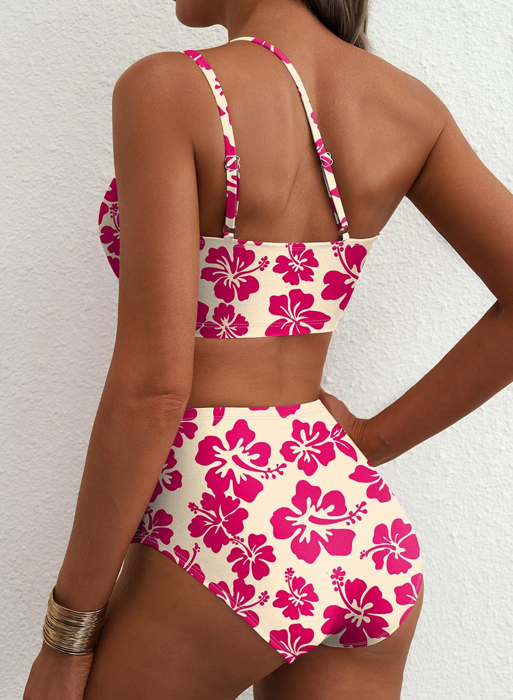 Emoswim - Women's High Waisted Bikini Sets One Shoulder Floral Print Swimsuits 2 piece Tummy Control Bathing Suits