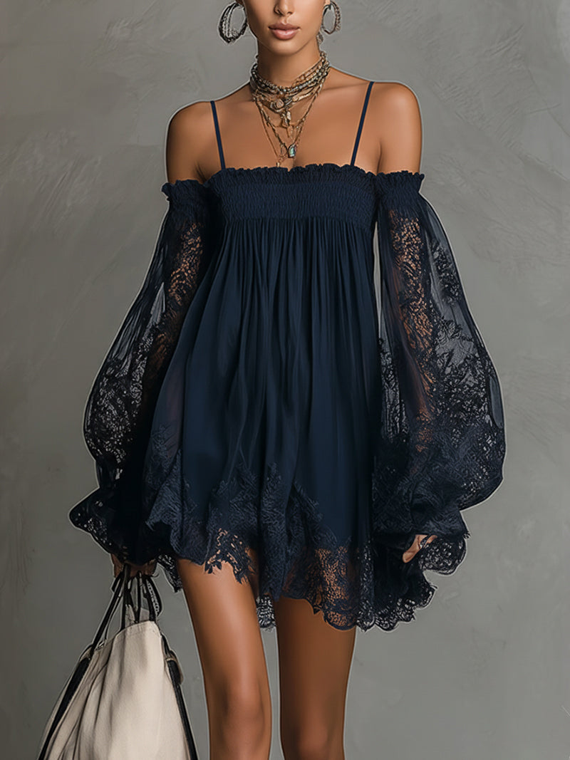 Gabriel Moreno - Noemi | Mini Vestido de Gasa Azul Marino con Escote Off-Shoulder, Encaje y Mangas Transparentes