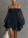 Gabriel Moreno - Noemi | Mini Vestido de Gasa Azul Marino con Escote Off-Shoulder, Encaje y Mangas Transparentes
