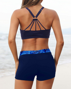 Emoswim - Women's 3 Piece Scoop Neck Criss Cross Tankini Swimsuits-Blue Paisley