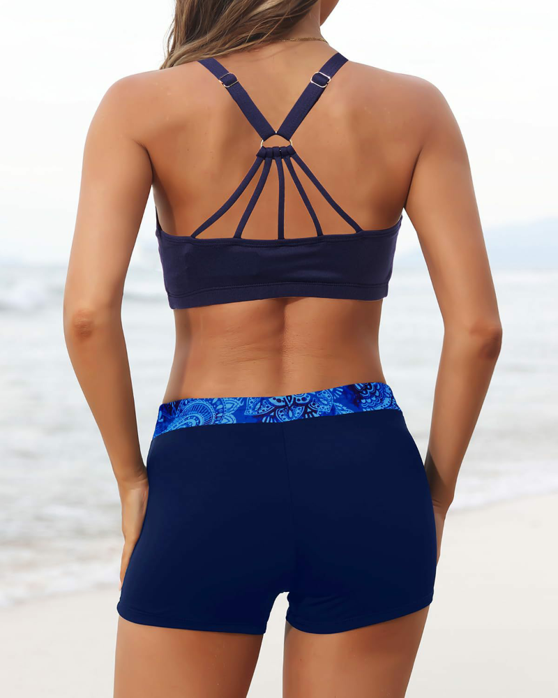 Emoswim - Women's 3 Piece Scoop Neck Criss Cross Tankini Swimsuits-Blue Paisley