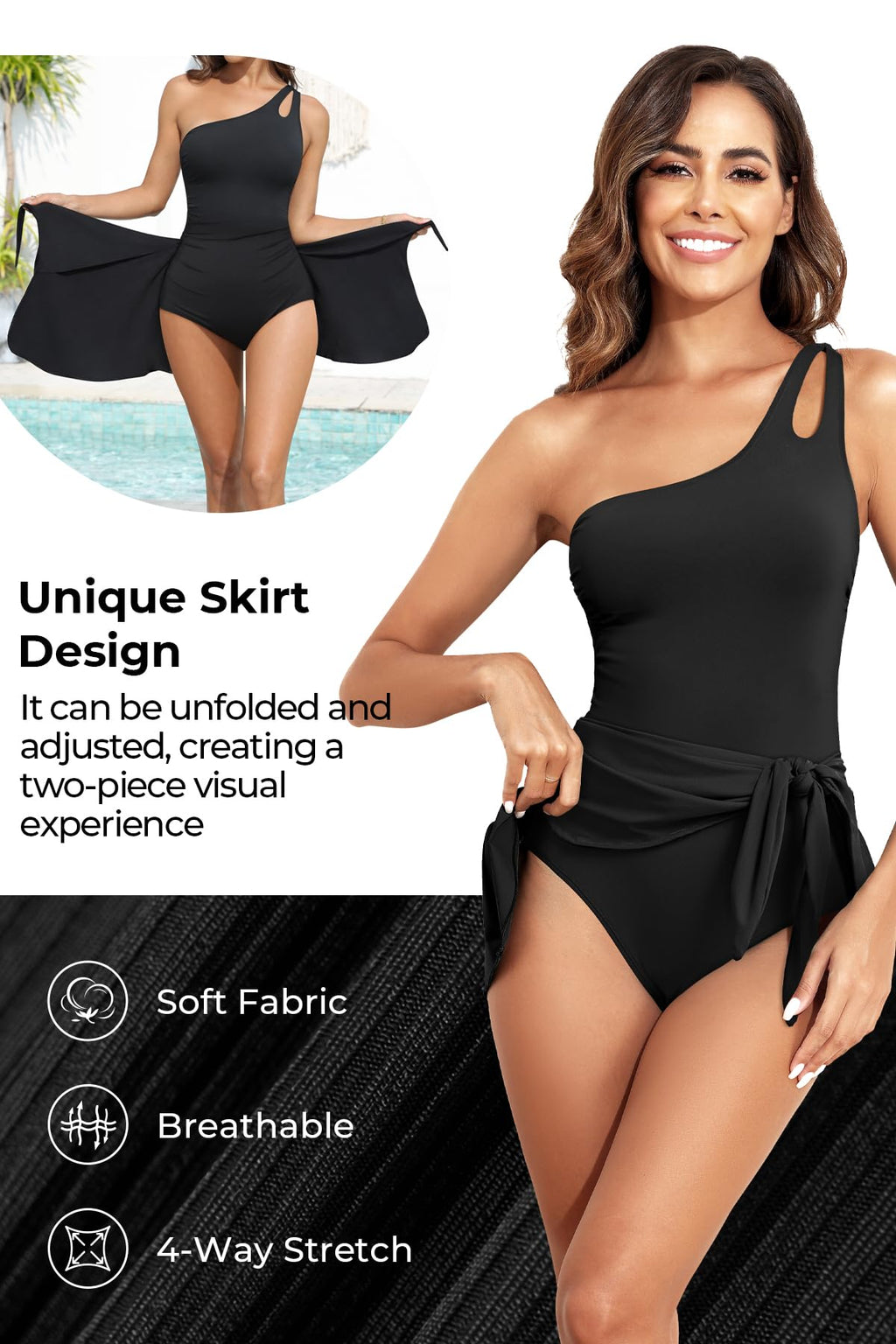 Emoswim - One Shoulder One Piece Swim Dress for Women Tummy Control Swimsuit with Skirt-Black